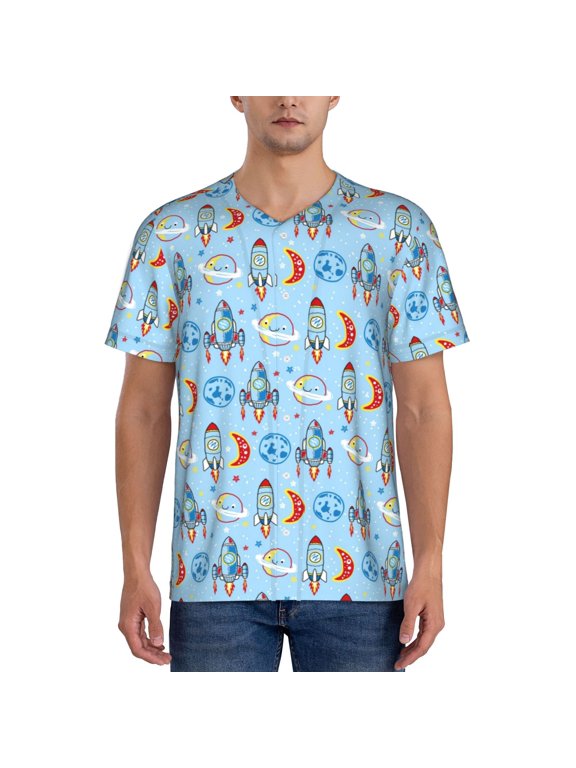 Cartoon Rocket With Space for Men's Baseball T-shirt Shirts Short Sleeve Casual Summer Button Stretch T Shirts,Size S-4XL-X-Large