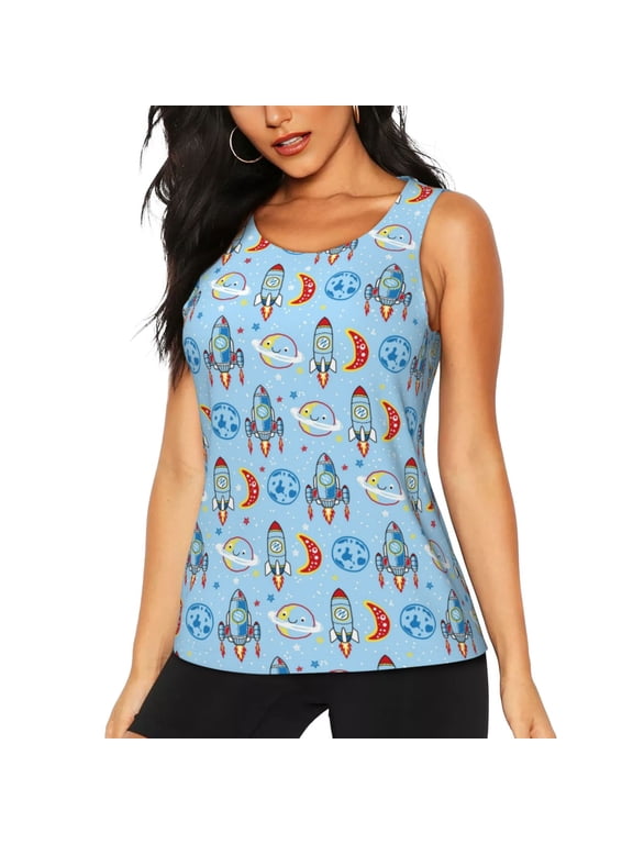 Cartoon Rocket With Space for Women's Workout Tank Top Sleeveless Workout Tops Athletic Gym Shirts-Medium