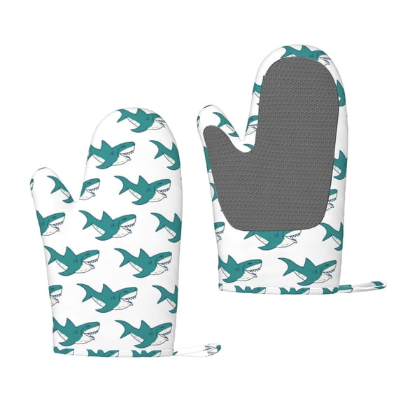 Hirioo Cartoon Shark for Silicone Oven Mitts for BBQ, Baking, Cooking, Set of 2, Heat Resistant 260, Non-Slip Kitchen Essentials