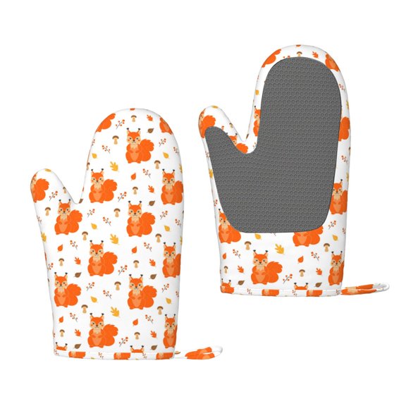 Hirioo Cartoon Squirrel for Silicone Oven Mitts for BBQ, Baking, Cooking, Set of 2, Heat Resistant 260, Non-Slip Kitchen Essentials