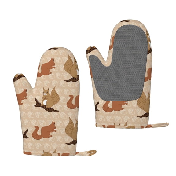 Hirioo Cartoon Squirrel for Silicone Oven Mitts for BBQ, Baking, Cooking, Set of 2, Heat Resistant 260, Non-Slip Kitchen Essentials