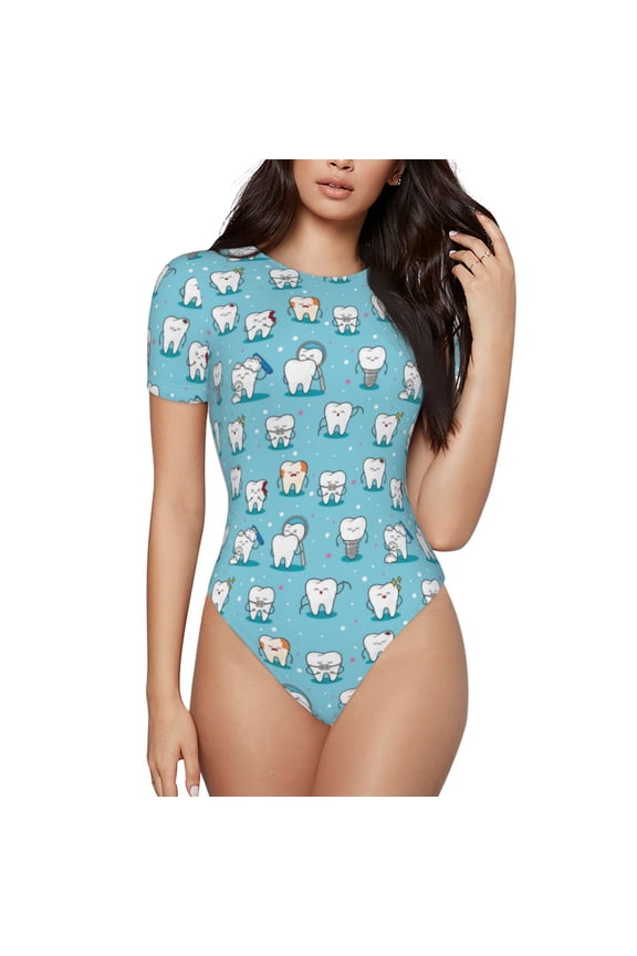 Cartoon Teeth for Women's Round Neck Short-sleeved Onesie Basic Bodysuits-X-Large