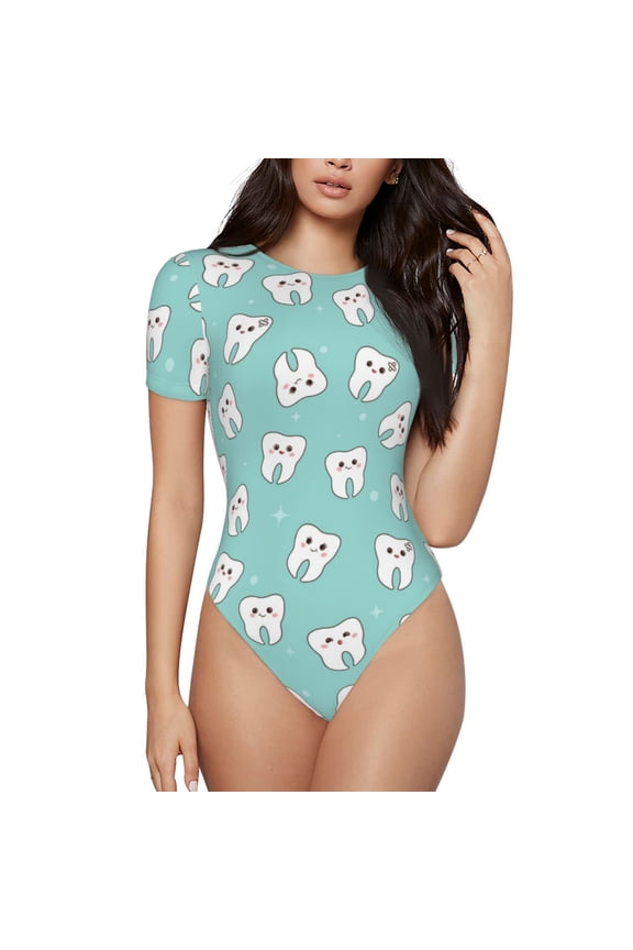 Cartoon Teeth1 for Women's Round Neck Short-sleeved Onesie Basic Bodysuits-Small