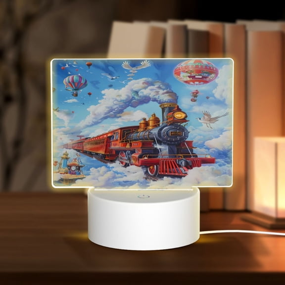 Hirioo Cartoon Train Hot Air Balloon for Rectangular Acrylic with Night Light Best Gifts for Lover Girl Mom, Valentine's Day Anniversary Birthday Wedding Present