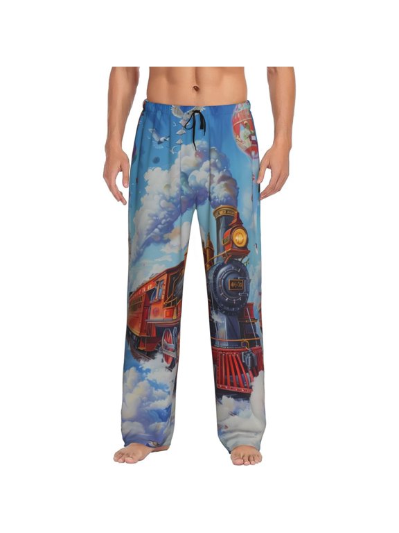 Cartoon Train Hot Air Balloon for Men's PJ Pajama Pants Sleep Pants Men's Home Trousers with Pockets,S-3XL-3X-Large
