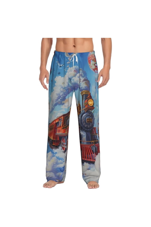 Cartoon Train Hot Air Balloon for Men's PJ Pajama Pants Sleep Pants Men's Home Trousers with Pockets,S-3XL-Small