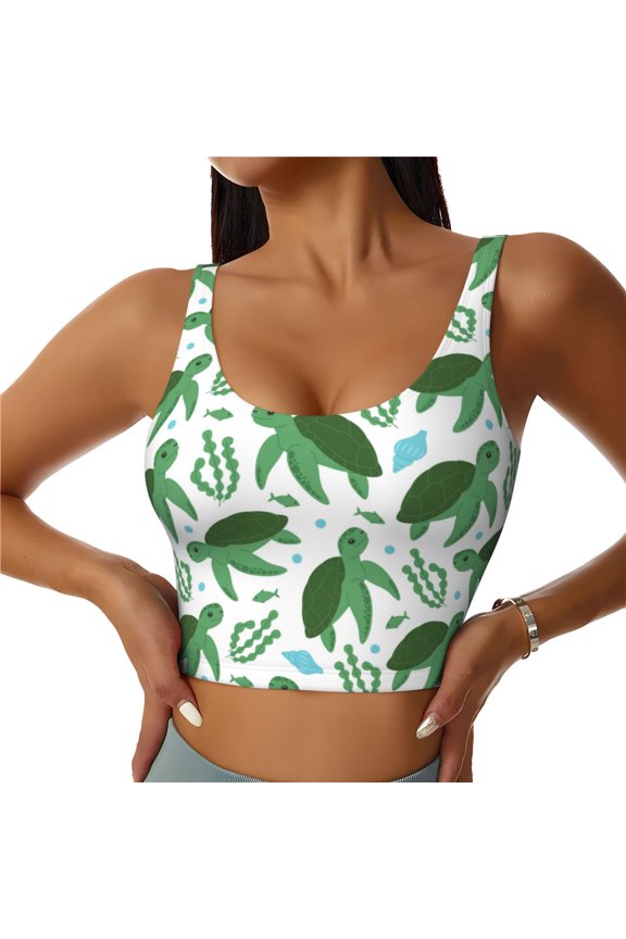 Cartoon Turtle for Women's Sports Vest with Full-Print Design, Stretchy Fabric and Removable Pads-Medium