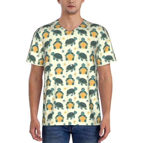 Hirioo Cartoon Turtles for Men's Baseball T-shirt Shirts Short Sleeve Casual Summer Button Stretch T Shirts,Size S-4XL-3X-Large