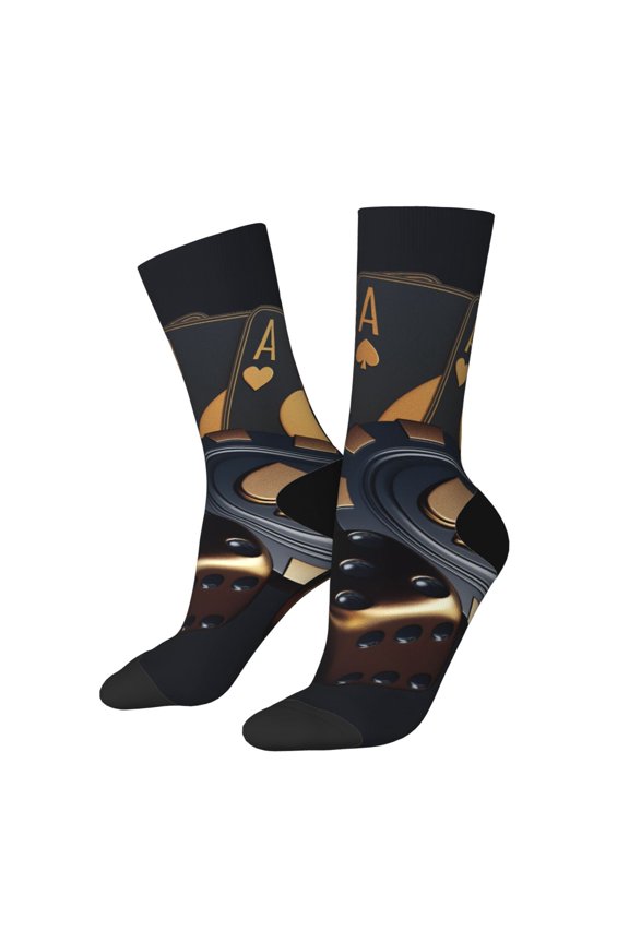 Casino Cards Poker Pattern Adult Middle Tube Socks Breathable Sock Non-Pilling,Contrasting Color Design