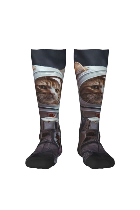 Cat Astronaut In Space for Adult Stockings Breathable Sock Non-Pilling,Contrasting Color Design