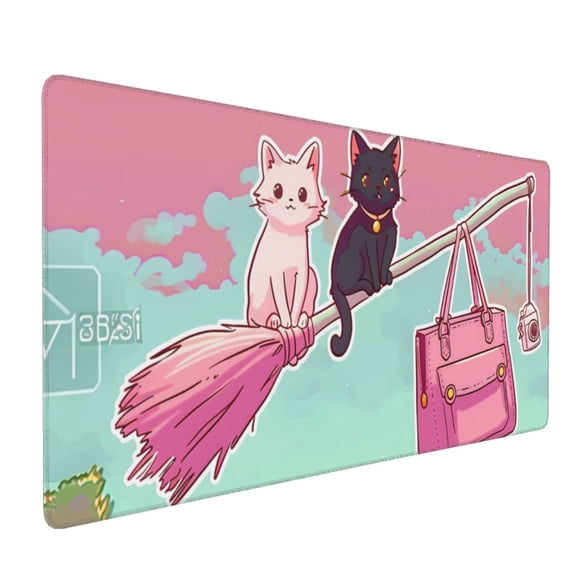 Hirioo Cats On Broomstick for Mouse Pad ,Anti-Slip Base, Durable Stitched Edges, Perfect for Gaming, Office, and Home Use,16x35.5in
