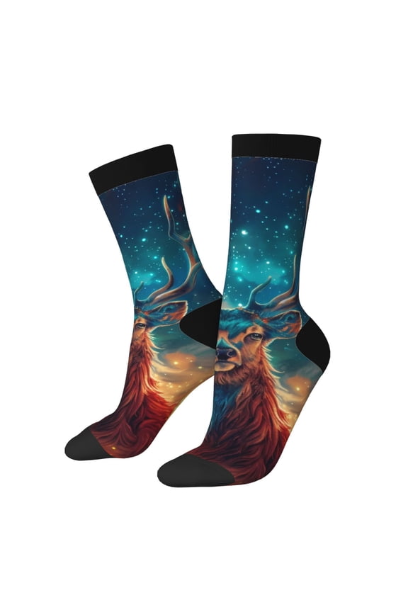 Celestial Stag Cosmic Glow Pattern Adult Middle Tube Socks Breathable Sock Non-Pilling,Contrasting Color Design
