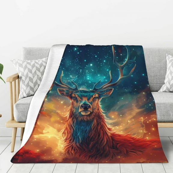 Hirioo Celestial Stag Cosmic Glow for Flannel Blanket, Cozy and Warm Throw for Bed or Couch ,Perfect for All Seasons-80"x60"