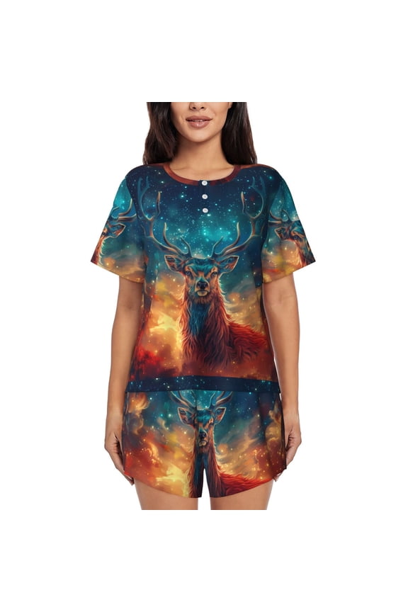 Celestial Stag Cosmic Glow for Women's 2 Piece Short-Sleeved Pajama PJ Sets for Women Shorts with Pockets Womens Lounge Set-Large