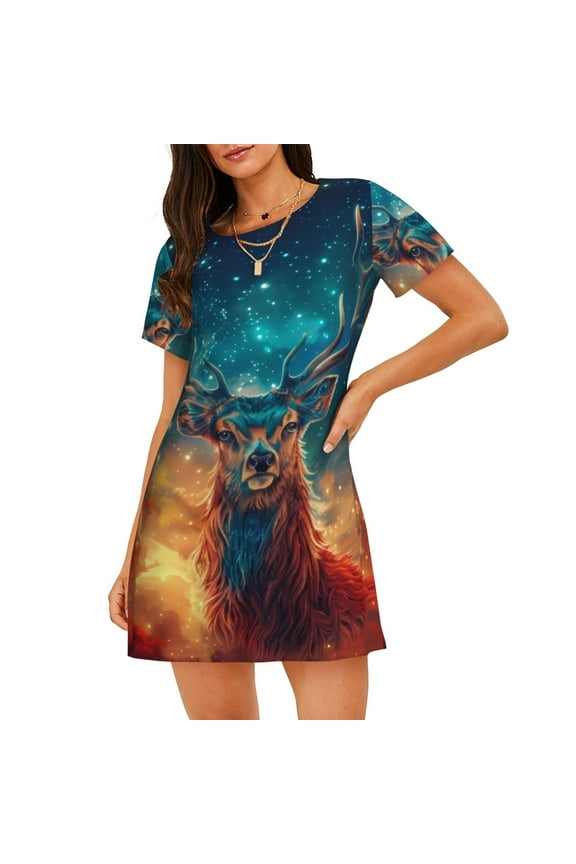 Celestial Stag Cosmic Glow for Women’s Nightdress Comfortable Short Sleeve Nightwear Casual Sleep Dress