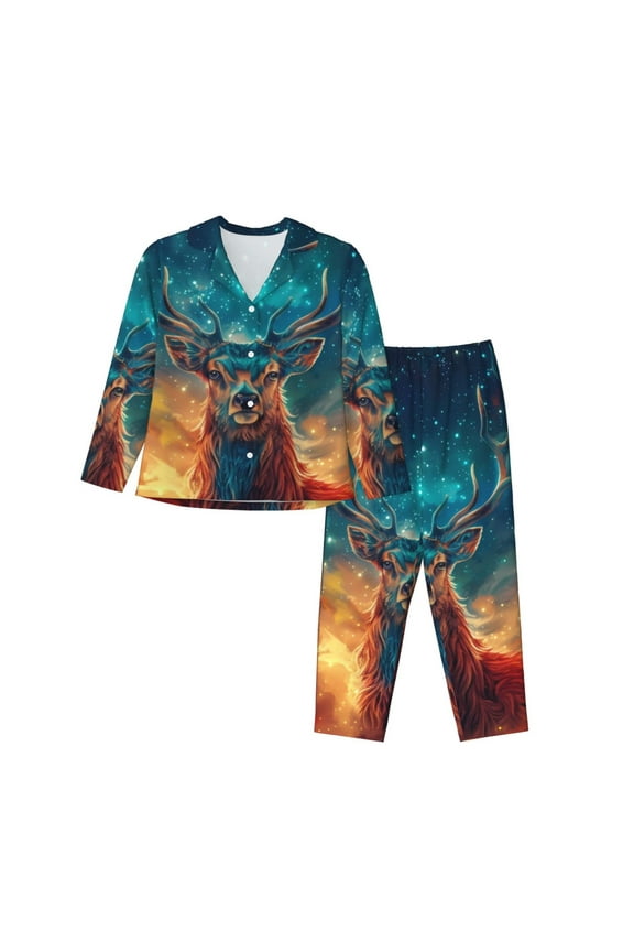 Celestial Stag Cosmic Glow for Women's Pajama Sets 2 Piece Pjs Women's Long-Sleeved Pajama Set Button Down Sleepwear,S-XXL-Medium