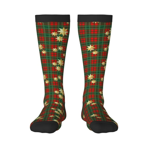 Hirioo Checkered With Golden Stars for Adult Stockings Breathable Sock Non-Pilling,Contrasting Color Design