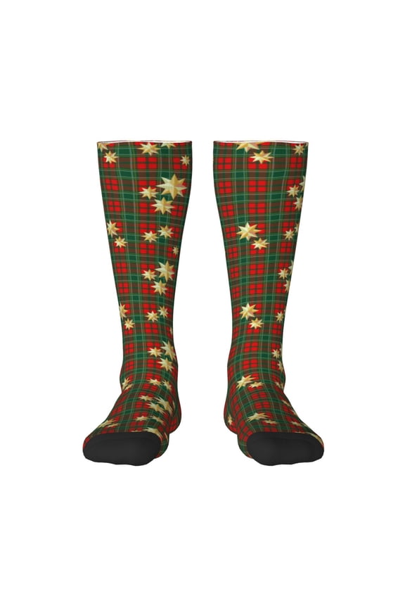 Checkered With Golden Stars for Adult Stockings Breathable Sock Non-Pilling,Contrasting Color Design