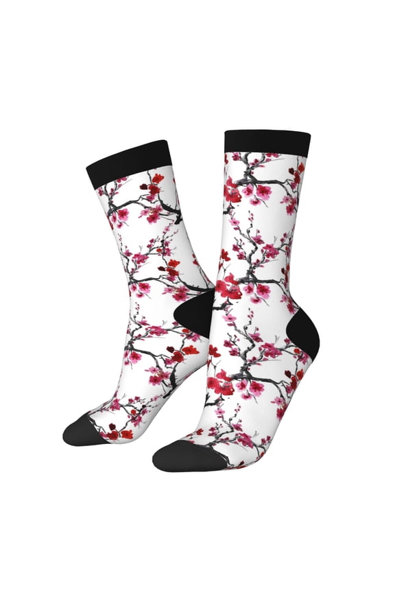 Cherry Blossoms Pattern Adult Middle Tube Socks Breathable Sock Non-Pilling,Contrasting Color Design