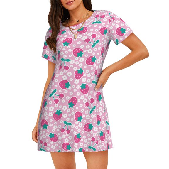 Hirioo Cherry Strawberry for Women’s Nightdress Comfortable Short Sleeve Nightwear Casual Sleep Dress