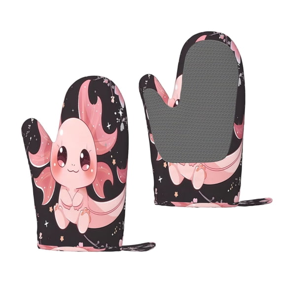 Hirioo Chibi Axolotl Sakura Fantasy for Silicone Oven Mitts for BBQ, Baking, Cooking, Set of 2, Heat Resistant 260, Non-Slip Kitchen Essentials
