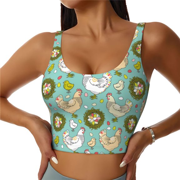 Hirioo Chicken Laying Eggs for Women's Sports Vest with Full-Print Design, Stretchy Fabric and Removable Pads-Small