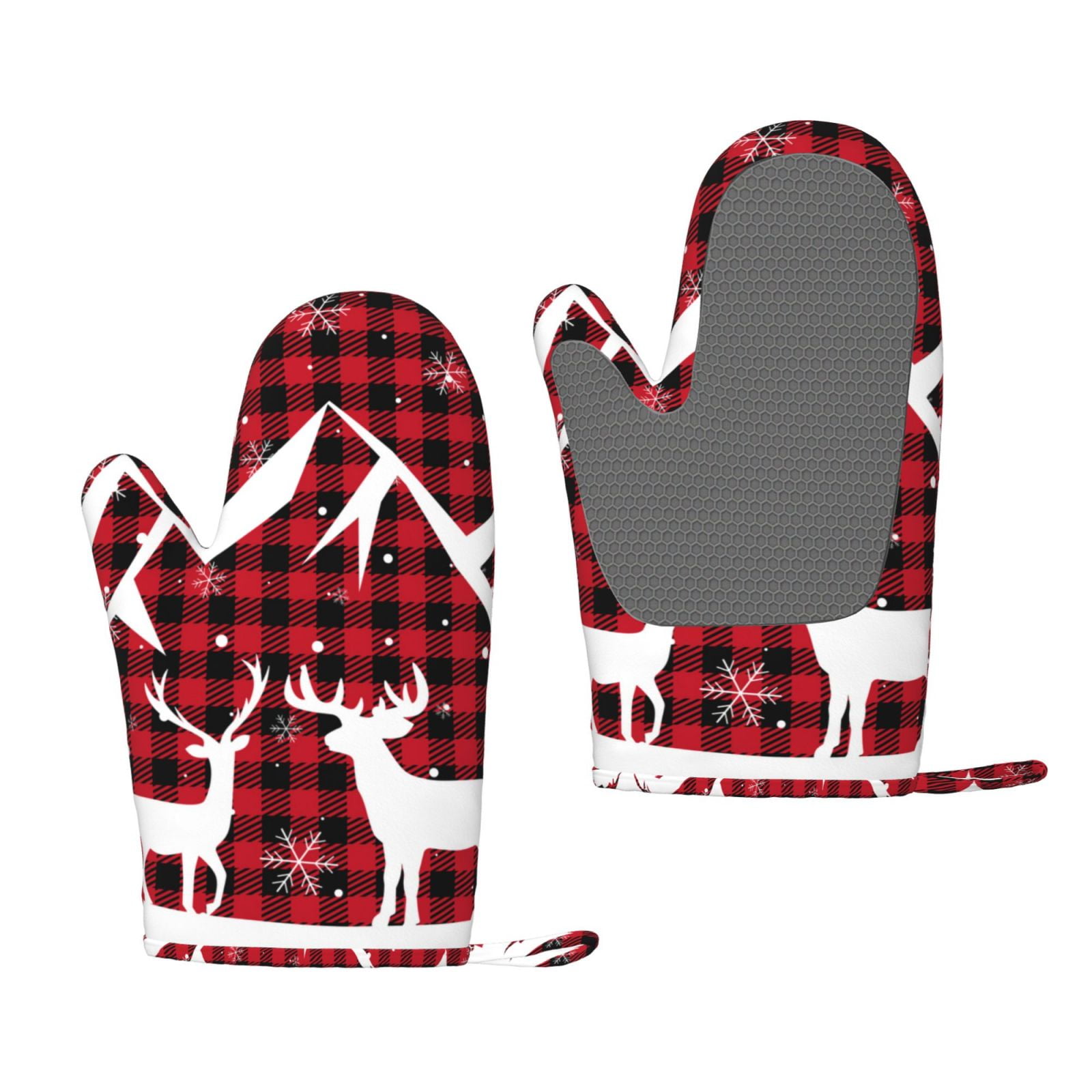 Hirioo Christmas Buffalo Plaid for Silicone Oven Mitts for BBQ, Baking, Cooking, Set of 2, Heat Resistant 260℃, Non-Slip Kitchen Essentials