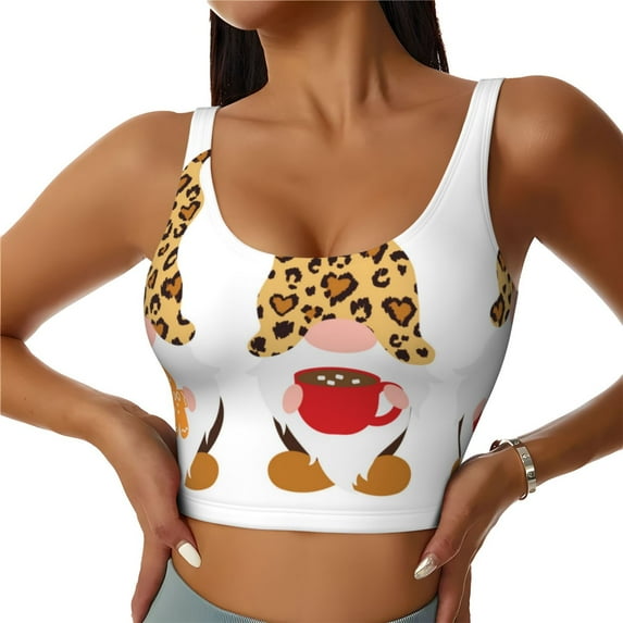 Hirioo Christmas Gnomes In Leopard for Women's Sports Vest with Full-Print Design, Stretchy Fabric and Removable Pads-Large