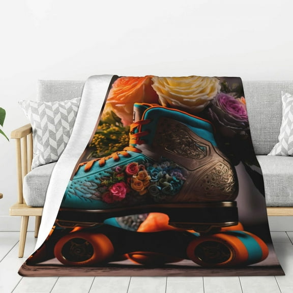 Hirioo Classic Floral Blue Skate Shoes for Flannel Blanket, Cozy and Warm Throw for Bed or Couch ,Perfect for All Seasons-80"x60"