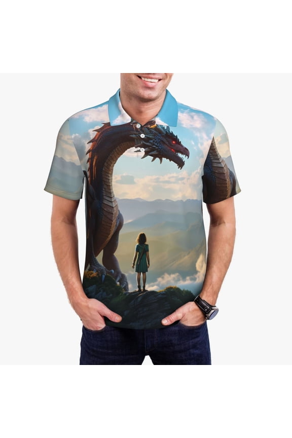 Clear Sky Mountain Red Dragon for Men’s Polo Shirts Quick Dry Short Sleeve Golf T Shirt Performance Moisture Wicking Casual Workout,Sizes S-4XL-3X-Large