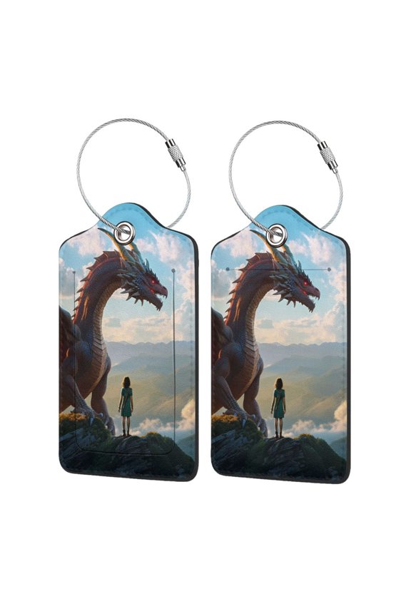 Clear Sky Mountain Red Dragon Print Leather Luggage Tag with Stainless Steel Loop ,Privacy Flap and Address Card for Travel Bag Suitcase-1