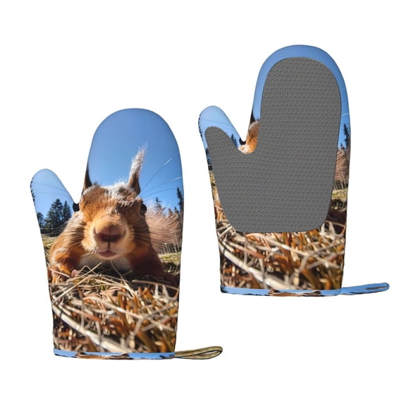 Hirioo Close-Up Curious Squirrel for Silicone Oven Mitts for BBQ, Baking, Cooking, Set of 2, Heat Resistant 260, Non-Slip Kitchen Essentials