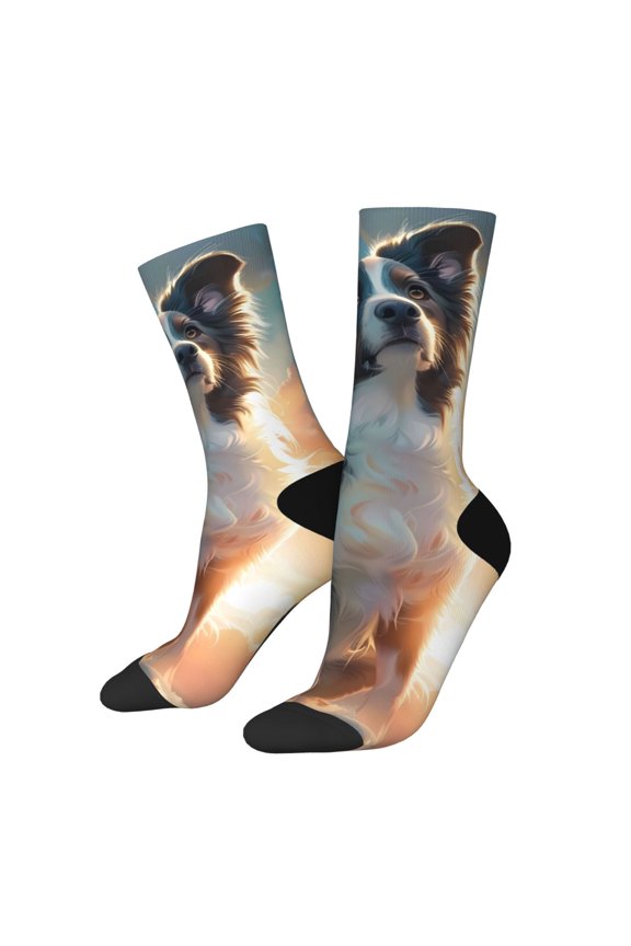 Cloud Border Collie Pattern Adult Middle Tube Socks Breathable Sock Non-Pilling,Contrasting Color Design