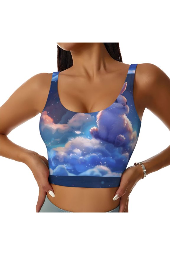 Cloud Cute Rabbit for Women's Sports Vest with Full-Print Design, Stretchy Fabric and Removable Pads-