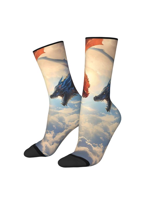 Cloud Red And Blue Dragon Pattern Adult Middle Tube Socks Breathable Sock Non-Pilling,Contrasting Color Design