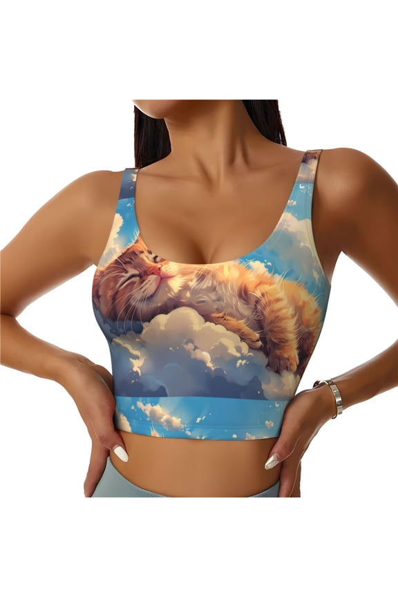 Cloud Sleeping Cat for Women's Sports Vest with Full-Print Design, Stretchy Fabric and Removable Pads-Medium