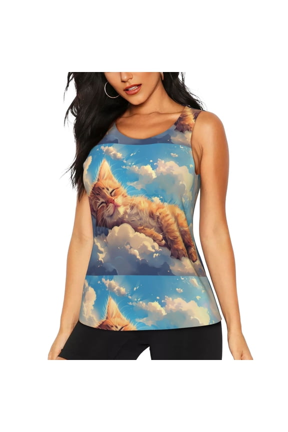 Cloud Sleeping Cat for Women's Workout Tank Top Sleeveless Workout Tops Athletic Gym Shirts-Large