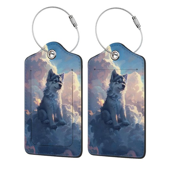 Hirioo Cloud Wolf Print Leather Luggage Tag with Stainless Steel Loop ,Privacy Flap and Address Card for Travel Bag Suitcase-4 PCS