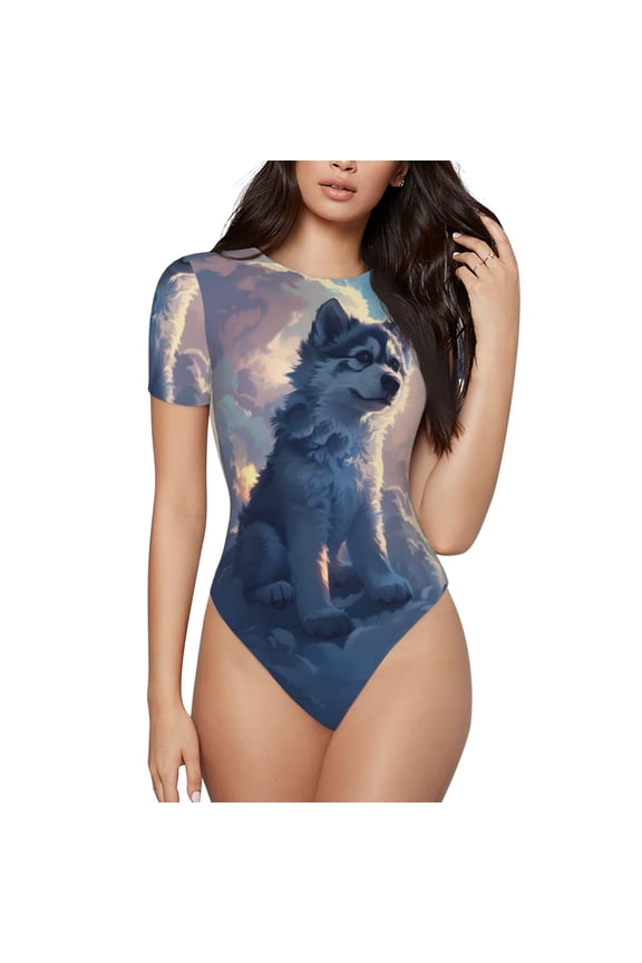 Cloud Wolf for Women's Round Neck Short-sleeved Onesie Basic Bodysuits-Medium