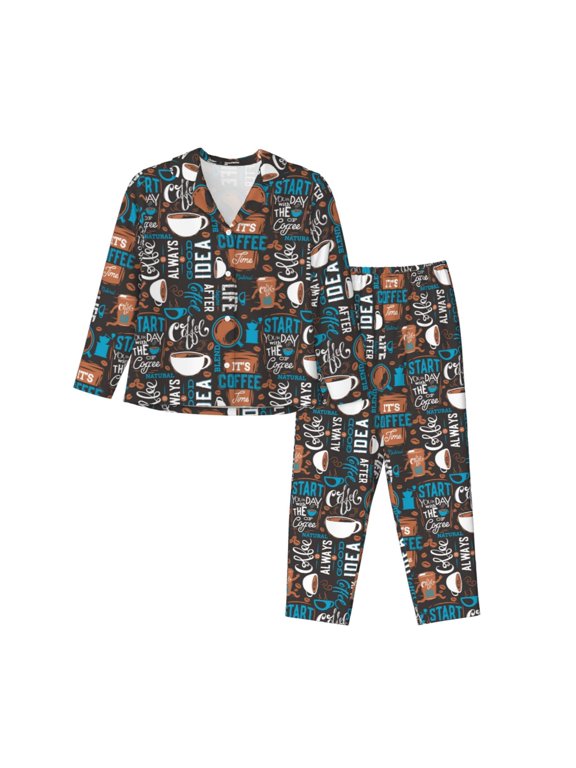 Coffee Lover Print for Women's Pajama Sets 2 Piece Pjs Women's Long-Sleeved Pajama Set Button Down Sleepwear,S-XXL-Small