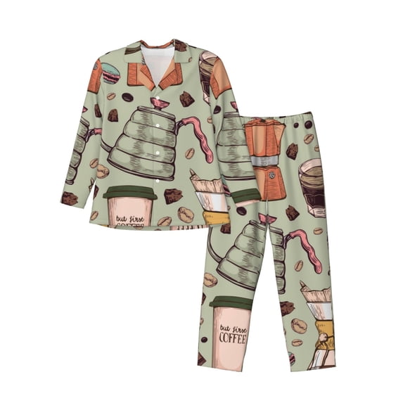 Hirioo Coffee Makers Macaroons Chocolate for Men's Pajama Sets 2 Piece Pjs Men's Long-Sleeved Pajama Set Button Down Sleepwear,S-XXL-X-Large
