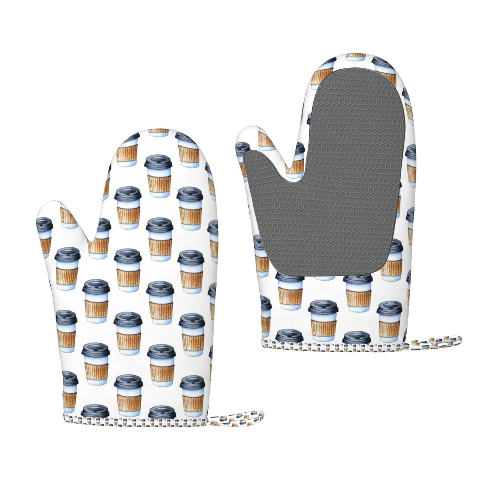 Hirioo Coffee To Go Pattern for Silicone Oven Mitts for BBQ, Baking, Cooking, Set of 2, Heat Resistant 260℃, Non-Slip Kitchen Essentials