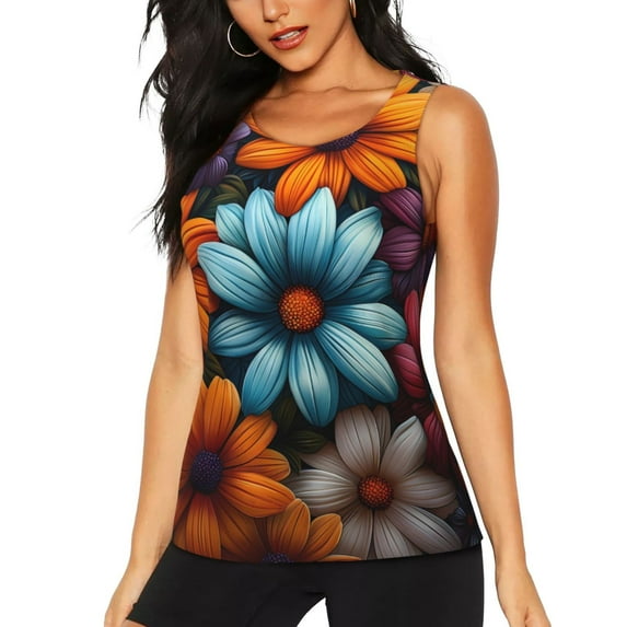 Hirioo Colorful Blooming Flowers for Women's Workout Tank Top Sleeveless Workout Tops Athletic Gym Shirts-Small