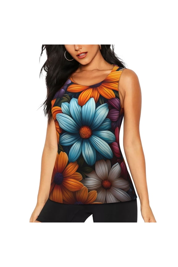 Colorful Blooming Flowers for Women's Workout Tank Top Sleeveless Workout Tops Athletic Gym Shirts-Small