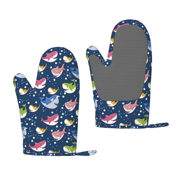 Hirioo Colorful Cartoon Shark for Silicone Oven Mitts for BBQ, Baking, Cooking, Set of 2, Heat Resistant 260, Non-Slip Kitchen Essentials