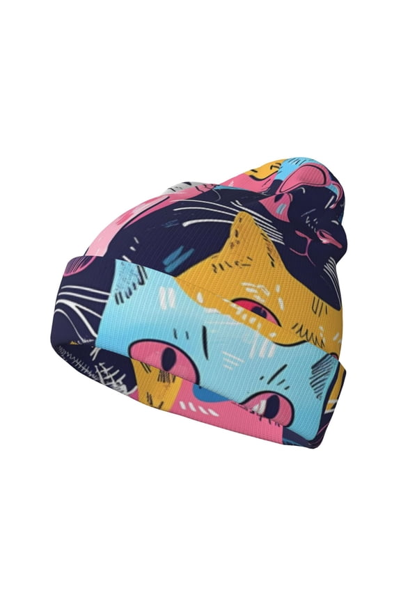Colorful Cats Pattern Art for Men's Knit Cuffed Beanie for Outdoor Activities Unisex