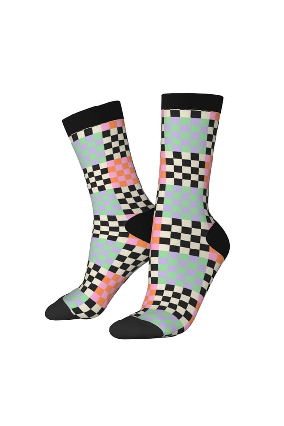 Colorful Checkered Pattern Adult Middle Tube Socks Breathable Sock Non-Pilling,Contrasting Color Design