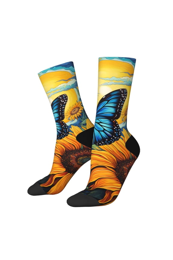 Colorful Cloud Butterfly Sunflower Pattern Adult Middle Tube Socks Breathable Sock Non-Pilling,Contrasting Color Design
