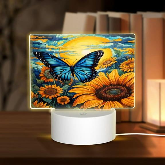 Hirioo Colorful Cloud Butterfly Sunflower for Rectangular Acrylic with Night Light Best Gifts for Lover Girl Mom, Valentine's Day Anniversary Birthday Wedding Present