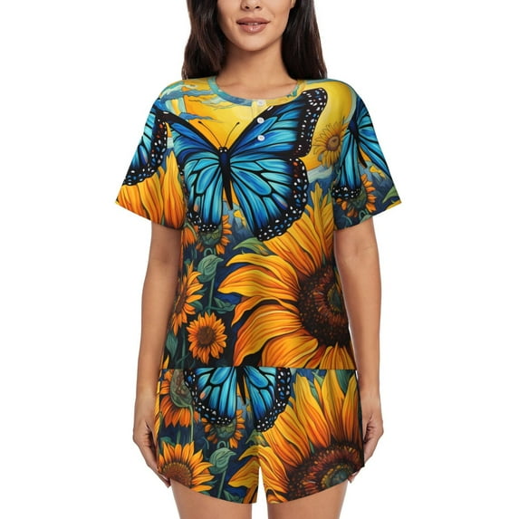 Hirioo Colorful Cloud Butterfly Sunflower for Women's 2 Piece Short-Sleeved Pajama PJ Sets for Women Shorts with Pockets Womens Lounge Set-Medium